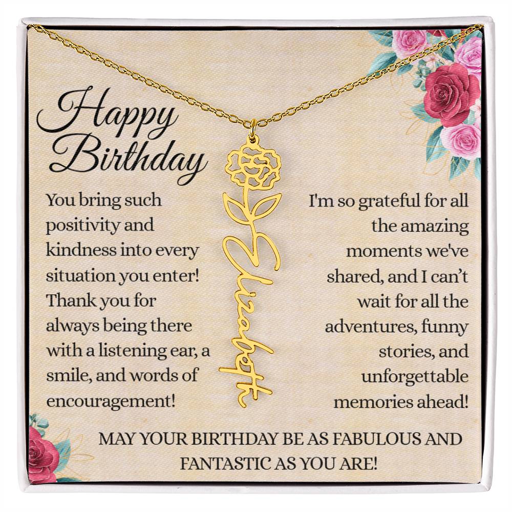 Happy Birthday - Fabulous Friend - Encouragement and Memories - Flower Name Necklace