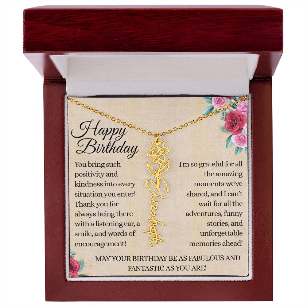 Happy Birthday - Fabulous Friend - Encouragement and Memories - Flower Name Necklace