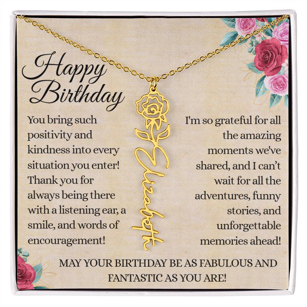 Happy Birthday - Fabulous Friend - Encouragement and Memories - Flower Name Necklace