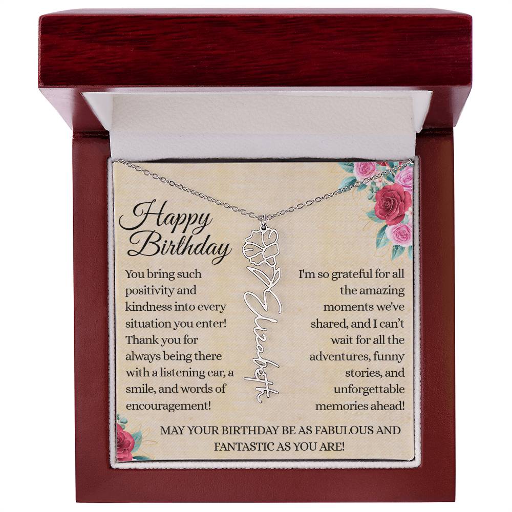 Happy Birthday - Fabulous Friend - Encouragement and Memories - Flower Name Necklace