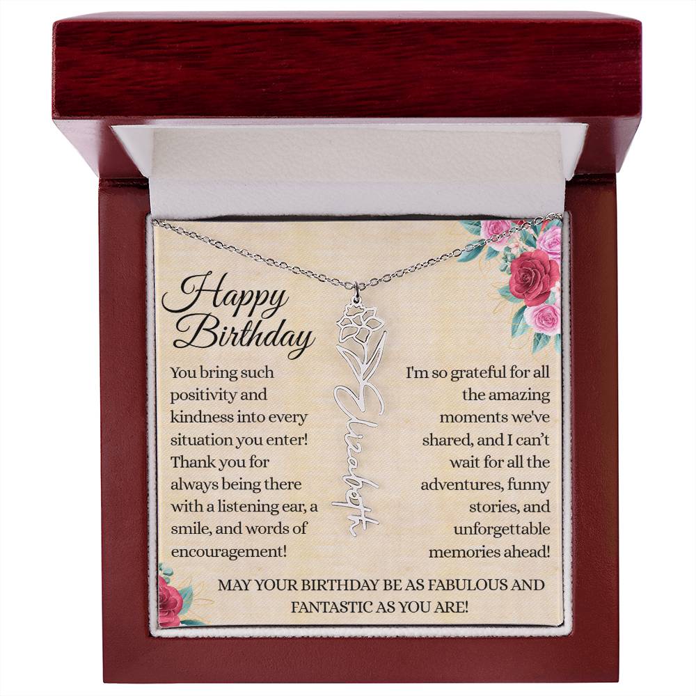 Happy Birthday - Fabulous Friend - Encouragement and Memories - Flower Name Necklace